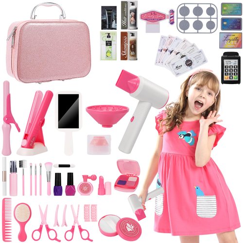 43PCS Hair Salon Toys for Girls,Pretend Play Hair Styling Toy Set for Kids 3-6,with Hair Dryer,Curling Flat Iron,Mirror and Stylist Accessories, Toddler Dress Up Beauty Hair Stylist Kit