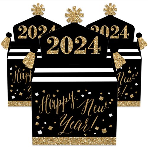 Big Dot of Happiness New Year's Eve - Gold - Treat Box Party Favors - 2024 New Years Eve Party Goodie Gable Boxes - Set of 12