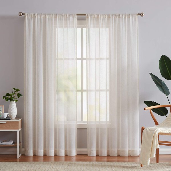 FMFUNCTEX Linen Sheer Curtains for Bedroom, Beige Curtains 84 inches Long for Living Room, Natural Flax Blend Window Draperies for Farmhouse, Rod Pocket 2 Panels