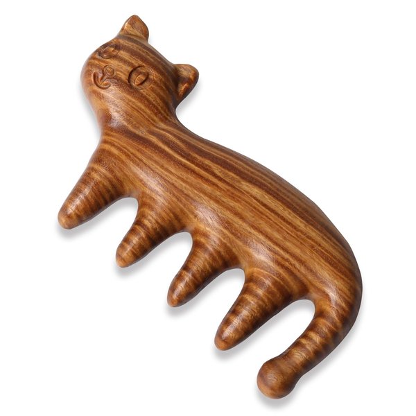 Rhinenet Scalp Massager Natural Green Sandalwood Wood Massage Comb Wide Tooth Handmade No Static Head Massage Cute Animal Shapes Comb for Women Men Kids Hair Neck Hands Legs Caring Tool (Cat)