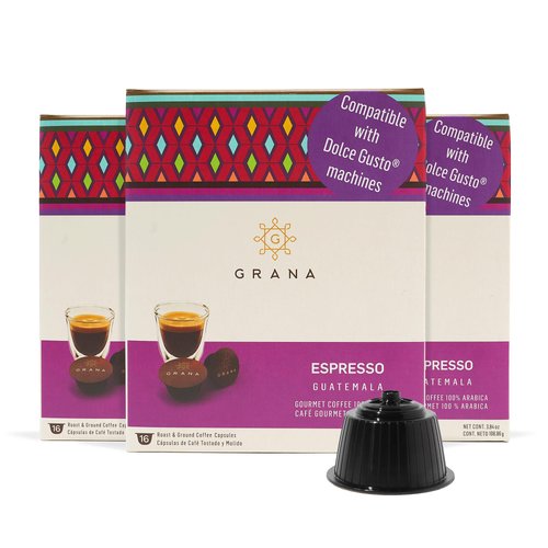 GRANA Espresso Coffee Capsules Compatible with Nescafe Dolce Gusto Machines, 48 Single Serve Coffee Pods(3 Boxes of 16 capsules each) - 100% Arabica Single Source Ethical Coffee