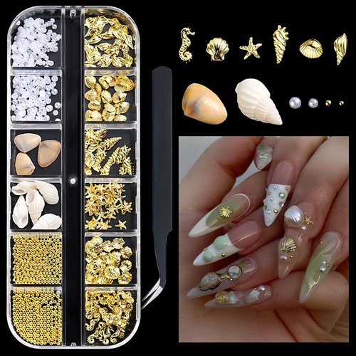 SUTOKAKA 3D Metal Studs Nail Art Charms Mixed Style Gold Shell Seahorse Starfish Pearl Metallic Nail Rivets Beads with Tweezer for Summer Ocean Beach Seaside DIY Manicure Decorations
