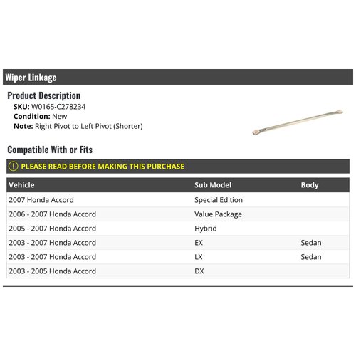 Windshield Wiper Linkage - Compatible with 2003-2007 Honda Accord Sedan