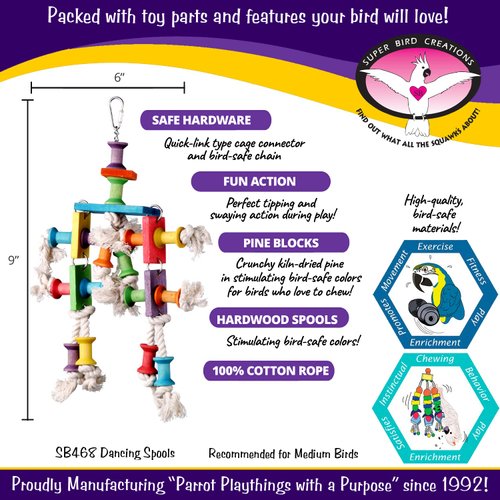 Super Bird Creations SB468 Dancing Spools Bird Toy with Colorful Wooden Spools and Cotton Rope - Ideal for Ringnecks, Parrots, Quakers - Preening and Chewing Toy - Medium Bird Size - 13" x 8" x 2"