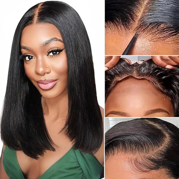 Wear and Go Glueless Bob Wig Straight Bob Wigs Human Hair Pre Plucked Pre Cut for Black Women 4x4 HD Glueless Straight Bob Wigs Human Hair Short Straight Bob Wig 180% Density (Straight Wig, 16 Inch)