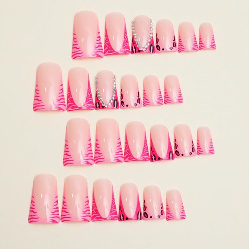 Tyuimhx 24Pcs Duck Nails Press on Pink Wide French Tip Fake Nails With Rhinestones Designs Full Cover Duck Feet Nail Tip Acrylic Duck False Nails Stick on Nails for Women Girls