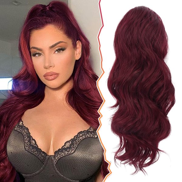 BARSDAR Red Ponytail Extension - 16 Inch Wavy Drawstring Ponytail Hair Extensions Clip in Ponytails Synthetic Red Pony Tails Hairpieces for Women Daily Party Halloween - Burgundy
