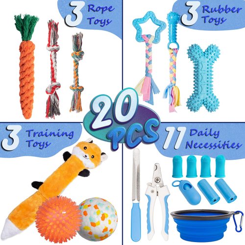 Fanfoobi Puppy Chew Toys For Teething Boredom, 20 Pack Puppies Toys With Interactive Dog Rope Rubber Squeaky Toothbrush Toy Tennis Ball Dog Bowls Nail File For Small Medium Dogs, Puppy Essentials Gift