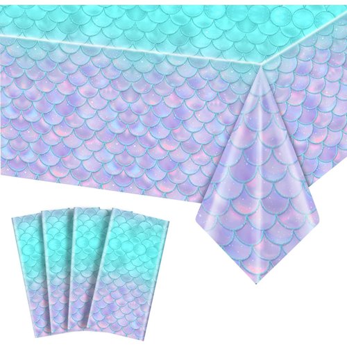 pewatul Mermaid Tablecloth -Mermaid Birthday Decorations Disposable Rectangle Table Cloths for Party Kids Girls Baby Shower Themed Birthday Party Favors,108 x 54 Inch (4pc)
