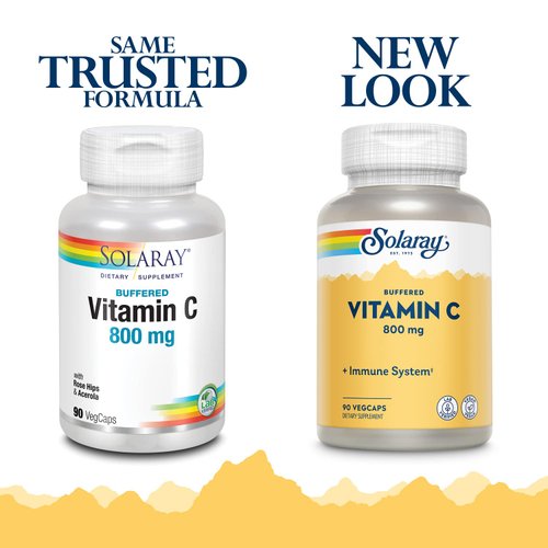 SOLARAY Buffered Vitamin C 800mg w/Rose HIPS & Acerola | Immune Function, Skin, Bone & Nerve Health Support, 90 VegCaps