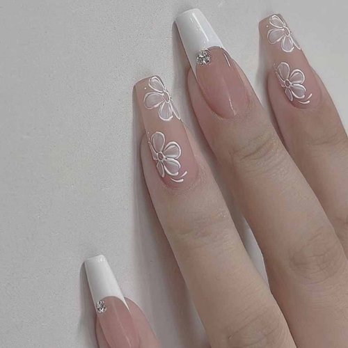 Foccna Coffin White Press on Nails Flower Fake Nails Long Acrylic Fake Nails Rhinestone French Nails Beautiful Nails for Women Girls -24Pcs