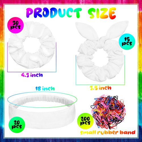 Riceshoot 65 Pcs White Cotton Hair Accessories for Tie Dye Party Supplies Including 30 Scrunchies 15 Bow Hair Ties 20 Headband Non Slip Stretchy Elastic Head Wrap Holder for Women DIY Tie Dye