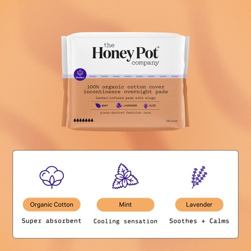 The Honey Pot Company - Herbal Pads for Women - Organic Incontinence Overnight Pads w/Wings - Infused w/Essential Oils for Cooling Effect - Postpartum Essentials. Feminine Care - FSA & HSA - 16 ct