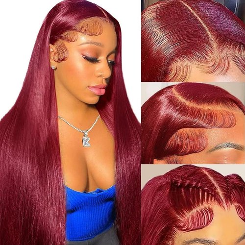 30 Inch 99j Burgundy Lace Front Wigs Human Hair 13x6 Hd Transparent Red Lace Front Wigs Human Hair Straight Wigs Human Hair Lace Front Wigs 200% Density Glueless Wigs Human Hair Pre Plucked Pre Cut