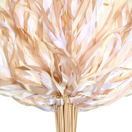40 Pieces Mix Color Ribbon Sticks with Bell Fairy Stick Party Streamers for Wedding Party(White, Beige, Champagne)