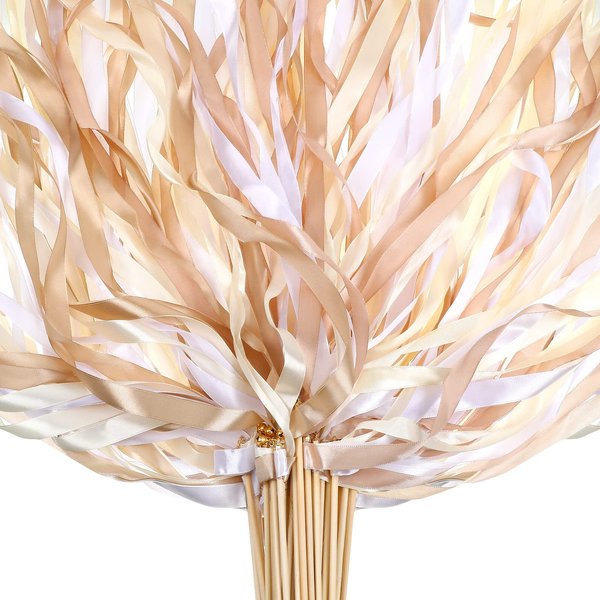 40 Pieces Mix Color Ribbon Sticks with Bell Fairy Stick Party Streamers for Wedding Party(White, Beige, Champagne)