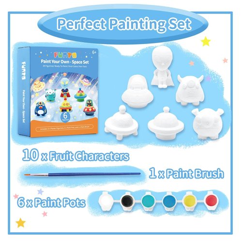 Funto Paint Your Own Space Kit Painting Kit, 13 PCS Crafts Set for Kids, STEAM Project Creative Activity DIY Toys with 6 Figurines, 6 Paint Pots, 1 Brush