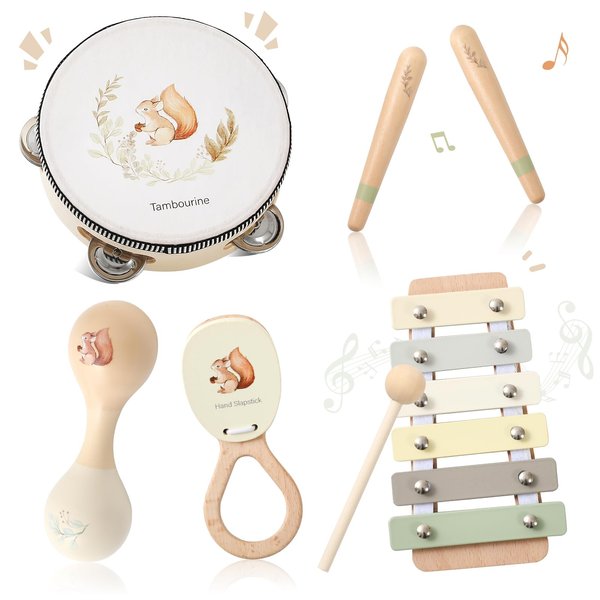 Toddler Musical Instruments | Baby Musical Toys Wooden Toys Educational Toys for Toddlers | Neutral Color Musical Instruments Set | Early Learning Music Toys for Boys Girls Gift