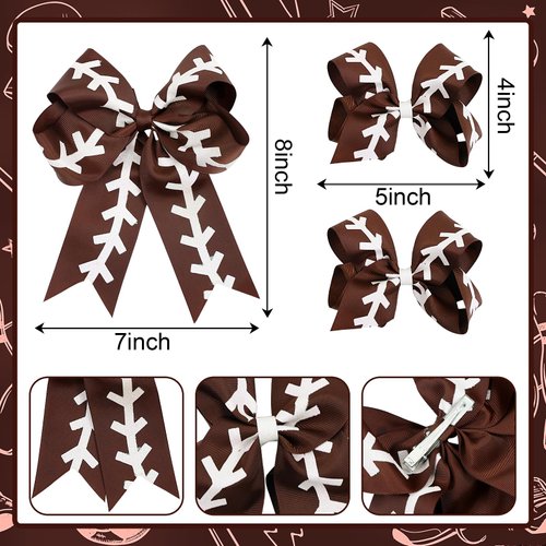 LACGO Pack of 3 Football Hair Bow Clips - Grosgrain Soccer Cheer Hair Bows Glitter Sports Bow Clips Cheerleading Ponytail Barrettes for Women Girls Football Team Cheering Parties Gifts(Brown)