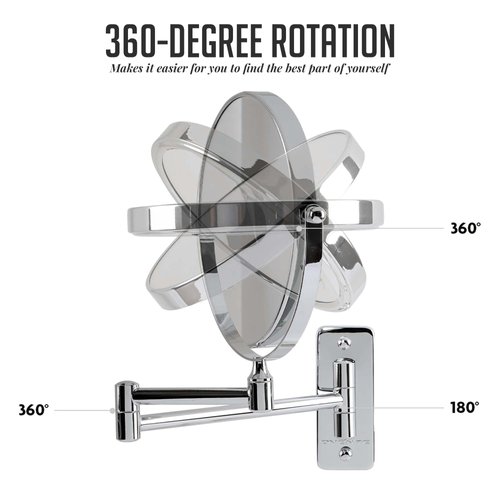 Ovente 7" Wall Mount Makeup Mirror, 1X & 10X Magnifier, Adjustable Spinning Double Sided Round Reflection, Extend, Retractable & Folding Arm, Bathroom & Vanity Décor, Polished Chrome MNLFW70CH1X10X