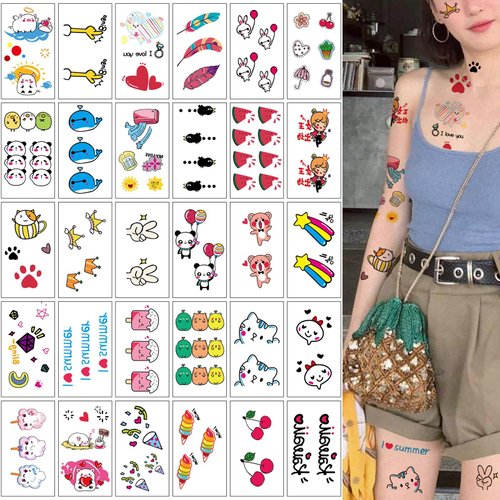 30 Sheets Kids Temporary Tattoos Colored for Little Girls Boys Baby 3D Cute Funny Waterproof Fake Tattoo Stickers for Face Body Arm Art(S30 O)