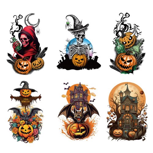CARGEN Halloween Temporary Tattoos Sleeves - 6 Sheets Halloween Half Arm Long Skull Pumpkin Temporary Tattoo Sleeves for Adults Women Men Kids Teens