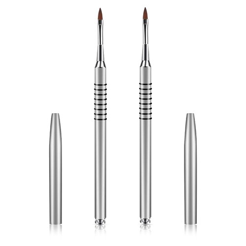 2 Pack 3D Nail Art Brush for Acrylic, Kolinsky Acrylic Nail Brushes Set, Nail Lining Brush Nail Salon Painting Brush Pen with Non-Slip Handle, Silver Metal Nail Art Pen (Size #2)