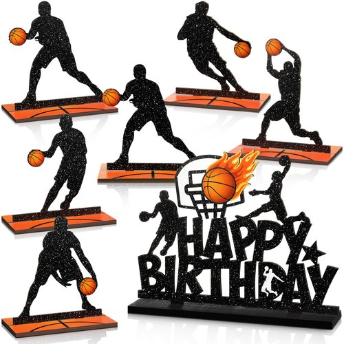 Blosssound 7 Pcs Basketball Party Table Decoration Wooden Basketball Table Centerpieces Basketball Birthday Party Table Signs Basketball Player Silhouette Centerpieces for Birthday Party Supplies