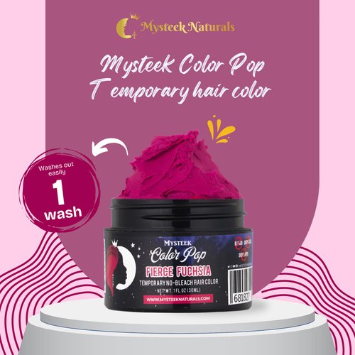 Mysteek Color Pop Temporary Hair Color for Dark Hair or Light Hair, Natural Hair Coloring with No Hair Bleach, Wash Out Hair Color, Mysteek Naturals (1 Fl Oz, Fierce Fuchsia)