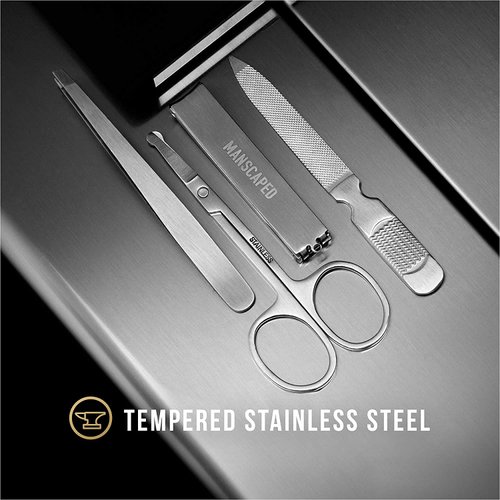 MANSCAPED® Shears 2.0 Tempered Stainless Steel Men's Nail Kit, Fingernail Clippers, Safety Scissors, Tweezers and Nail File, Travel Manicure Pedicure Set, 4-Piece Luxury Grooming Kit with Compact Case