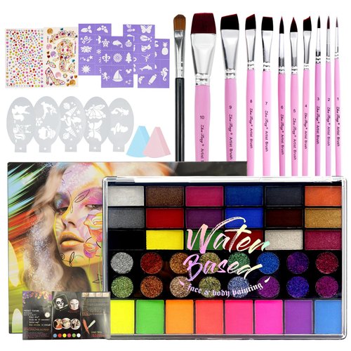 42 Color Face Painting Kit for Kids;Non Toxic Water Activated Face Paint Makeup palette With Brush Set,Stencils,gem.Carnival,Halloween,Costume Makeup;Water Based Facepaint Makeup Kit for Kids Adult