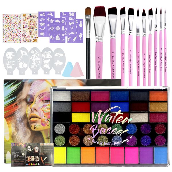 42 Color Face Painting Kit for Kids;Non Toxic Water Activated Face Paint Makeup palette With Brush Set,Stencils,gem.Carnival,Halloween,Costume Makeup;Water Based Facepaint Makeup Kit for Kids Adult