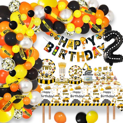 189 Pcs Construction 2nd Birthday Party Supplies Dump Truck Two Years Old Paper Plates Napkins Forks Cups Tablecloth Banner Balloon Garland Dinnerware for Construction 2nd Bday Party Decorations