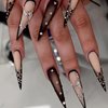 MISUD Press on Nails Long Stiletto Fake Nails Glossy Glue on Nails Goth Black Ombre Acrylic Nails Sharp Almond Artificial Nails Luxury Rhinestone Stick on False Nails with French Tip Design 24 pcs