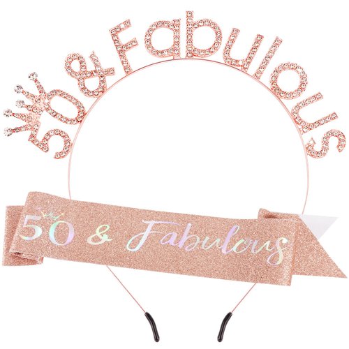 SuPoo 50 & Fabulous Birthday Headband Tiara and Sash 50th Birthday Sash and Crown Rose Gold 50th Birthday Decorations for Women 50th Birthday Gifts for Her 50 Year Old Party Decorations