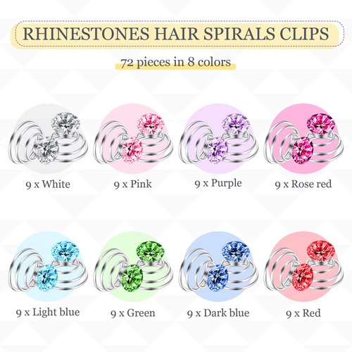 72 Pieces Rhinestone Spiral Hair Pins Crystal Spiral Twist Hair Pins Twisters Colorful Shiny Metal Swirl Hair Clips Hair Accessories for Women Bridal Wedding Bridesmaids Prom Party