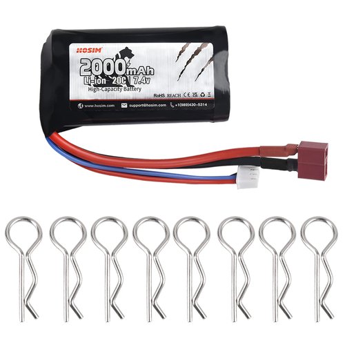 Hosim 1pcs 2S 7.4V 2000mAh 20C TPlug Female Connector Rechargeable Battery and 8pcs Car Shell Buckles, Safe & Fast Charging, Best for 9155 9156 Jumper T16 RC Cars Evader BX Airplane UAV Drone FPV