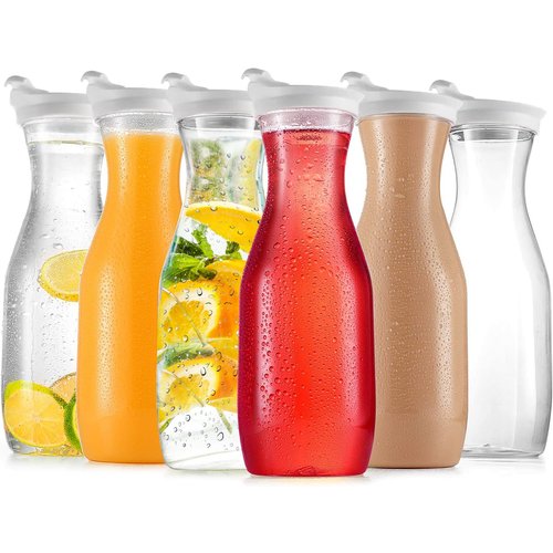 DilaBee Plastic Water Pitcher With Lid (32 Oz) Round Carafe Pitchers for drinks, Milk, Smoothie, Iced Tea, Mimosa Bar Supplies - Juice Containers with Lids - BPA-Free (6-Pack) - NOT DISHWASHER SAFE