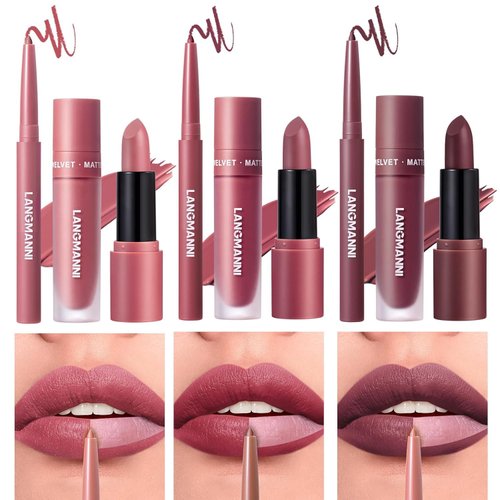 9PCS All-in-One Makeup Lip Liner, Matte Lipstick & Velvet Gloss Combo Set- 3 in 1 Long-Lasting Nude Shades - Full Coverage, Hydrating, Non-Drying Lip Kit for Soft, Voluminous Lips (04+05+06)
