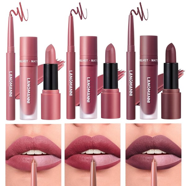 9PCS All-in-One Makeup Lip Liner, Matte Lipstick & Velvet Gloss Combo Set- 3 in 1 Long-Lasting Nude Shades - Full Coverage, Hydrating, Non-Drying Lip Kit for Soft, Voluminous Lips (04+05+06)