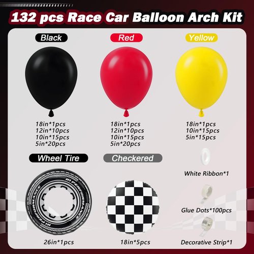 132pcs Race Car Balloon Arch Kit, Race Car Party Decorations with Red Black Yellow Balloons Checkered Wheel Tire Balloons for One Two Fast Race Car Birthday Party Decorations for Boys