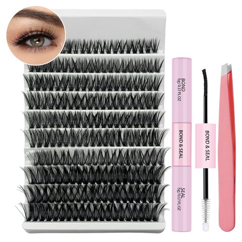 Lash Clusters Kit 200pcs 60D DIY Lash Extension Kit Long D Curl Lash Clusters Wispy Individual Lashes Cat Eye Eyelash Clusters Extension Kit At Home(0.07D/9-18mm Mix)