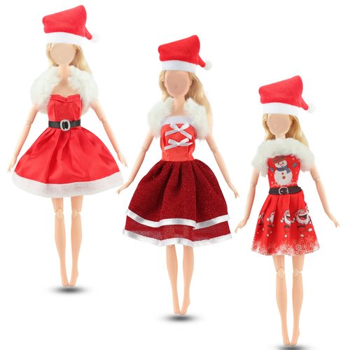 Avando Doll Clothes and Accessories for 11.5 inch Dolls Christmas Clothing Set Fashion Dresses Hats, Fluffy Scarf, 3 PCS Winter Mini Dress for Girl Doll Playset Dolls Outfits Costume
