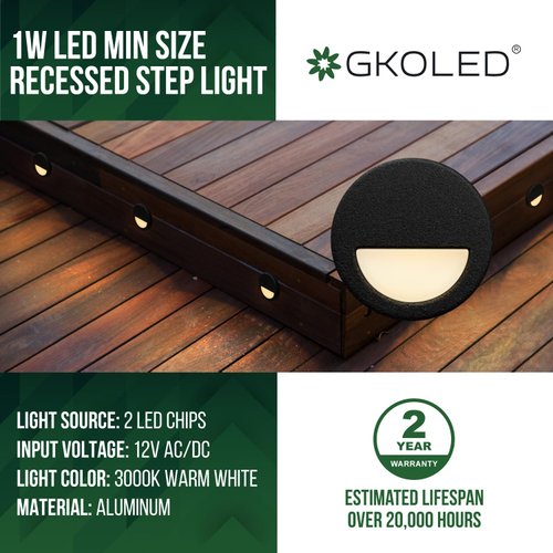 GKOLED 12 Pack Recessed Low Voltage LED Step Riser Light, Diameter 1" Mini Size Landscape Lighting for Outdoor Deck Stair Railing Post, 12V 3000K, Die-cast Aluminum, Black Powder Coated, UL-Listed