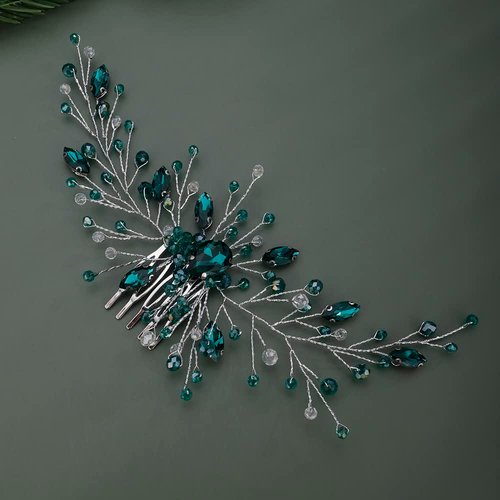 Teyglen Bridal Wedding Gold Silver Dainty Hair Combs Green Rhinestones Crystal Side Hair Comb Flower Crystal Bride Hair Accessories for Women and Girls (Silver Green)