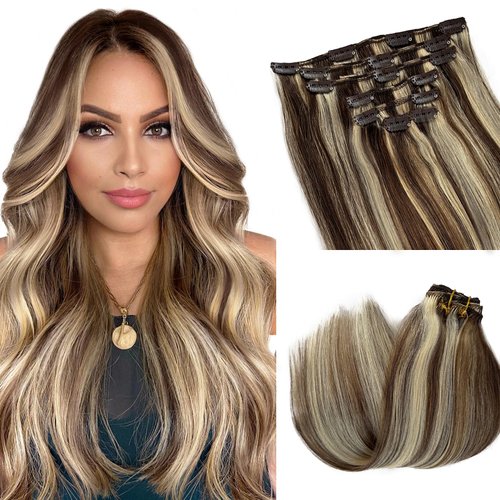 Clip in Hair Extensions Real Human Hair Brown and Blonde Highlights Human Hair Clip in Extensions 18 Inch 7PCS Highlight Medium Brown with Bleach Blonde Remy Hair Extensions Clip in for Women