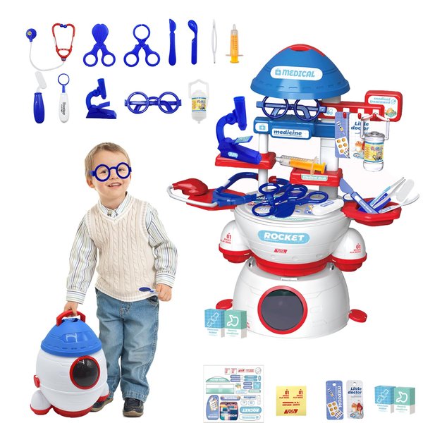 Cyiecw Doctor Kit for Toddlers 3-5, 34 Pcs Kids Doctors Play Set, Rocket Shape Pretend Doctor Playset for Kids, Medical Station Set for Toddlers Boys Girls, Doctor Toys for Ages 3+