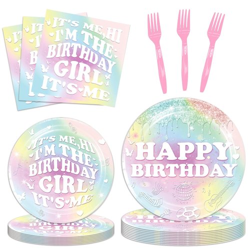 50 Pieces Its Me Hi Im The Birthday Girl Its Me Tableware Set Include Music Singer Paper Dinner Plates Napkins Forks Iridescent Party Decorations for Women Girls Birthday