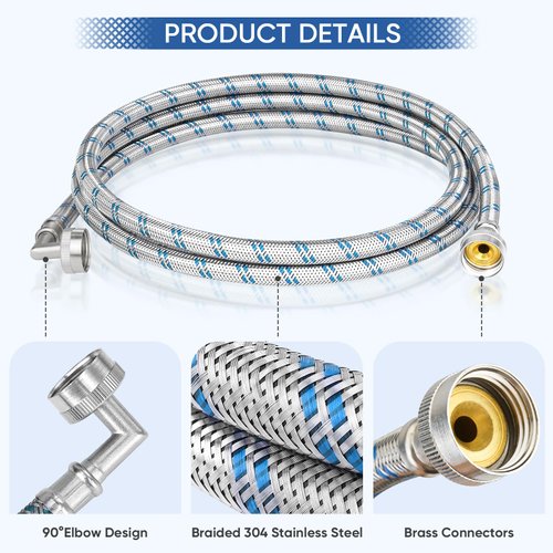 TICONN 2 Pack Washing Machine Hoses Set, EPDM Core Braided Stainless Steel Burst-Proof Washer Hoses with 90 Degree Elbow, 3/4" FHT Standard Thread (6ft)