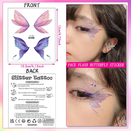 18 Sheets Glitter Butterfly Temporary Tattoos Sticker Colorful Waterproof Flash Fairy Wings Body Art Shiny Butterflies Flowers Eye Face Makeup Fake Tattoos for Women Girls Eye Decorations Supplies